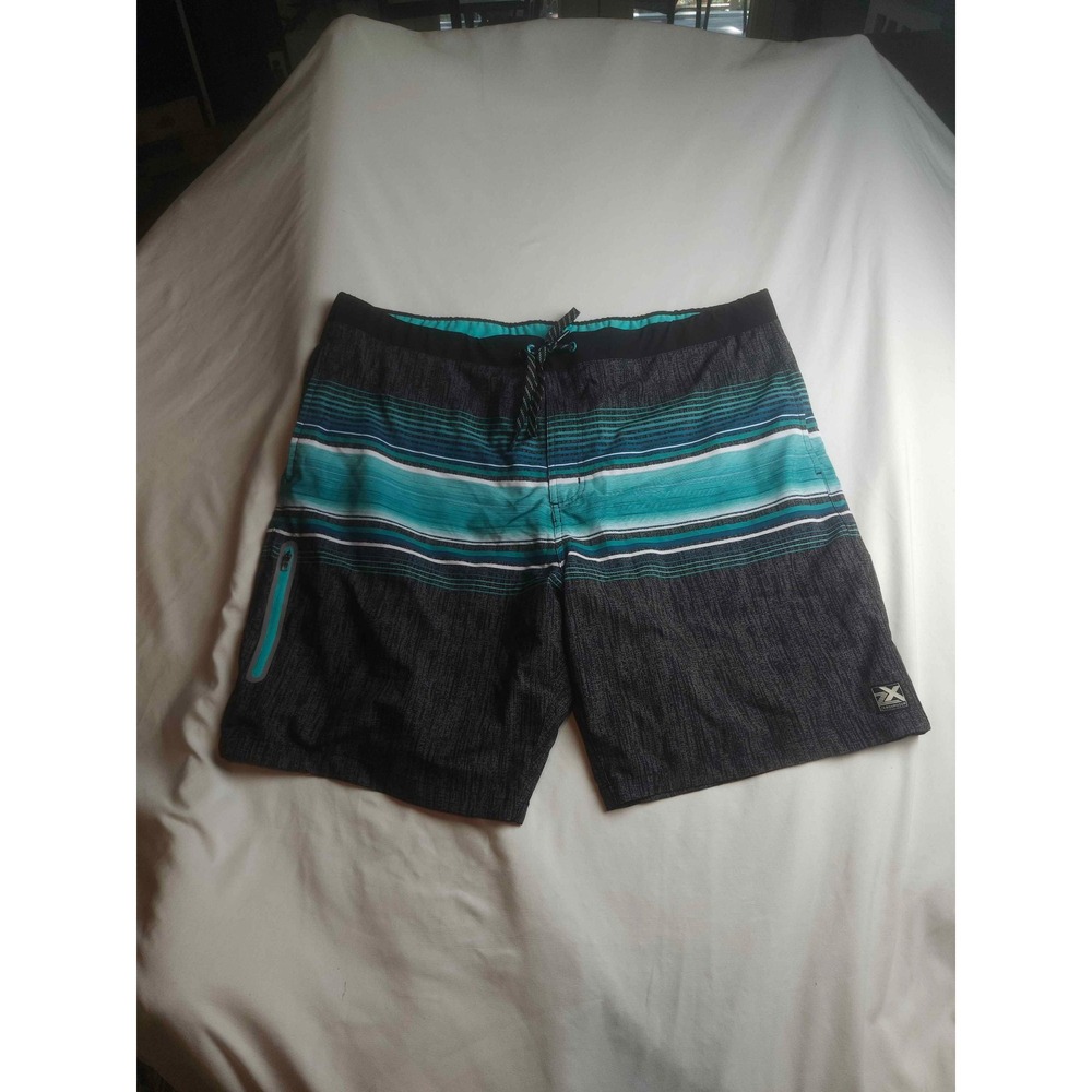 ZeroXposur Mens Board Shorts XXL Gray Teal Striped Swim Trunks Zip Pocket